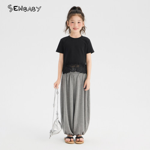 senbaby童装女童短袖2026新款夏季休闲儿童T恤圆领黑色拼蕾丝T
