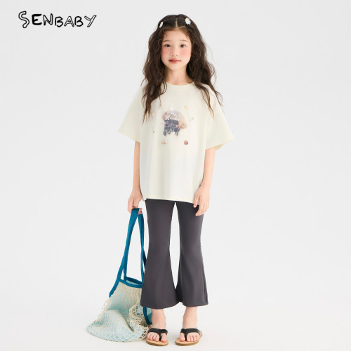 senbaby童装女童短袖夏季儿童圆领套头水母T恤立体装饰上衣