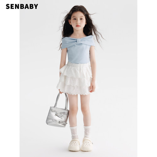亲子senbaby女童蝴蝶结短袖T恤夏新款儿童防走光蛋糕裙裤两件套