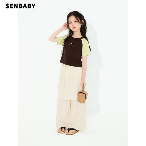 【现货】senbaby童装女童短袖套装儿童夏季长款P帘休闲裤两件套