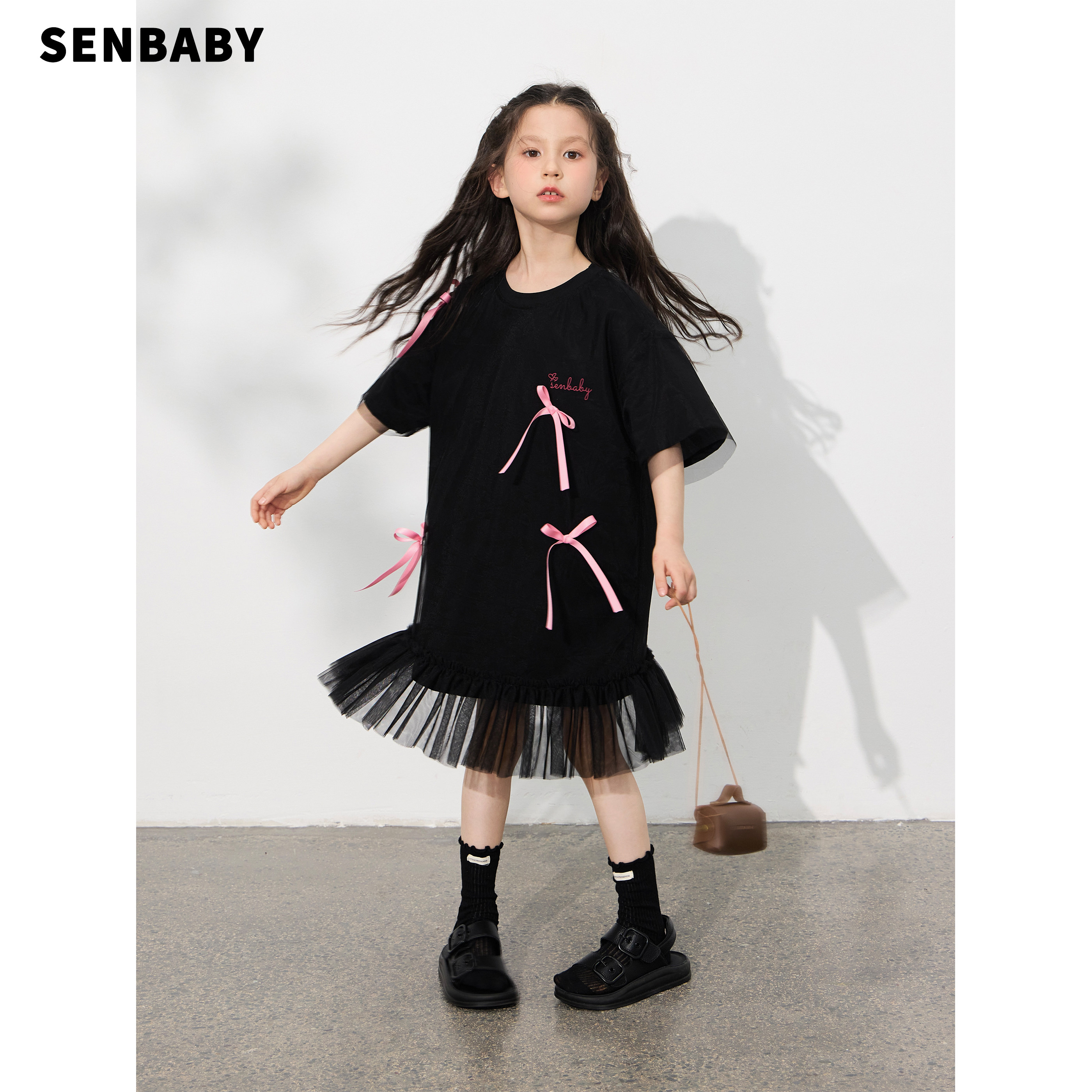 【现货】senbaby童装女童连衣裙夏季短袖裙子儿童蝴蝶结黑色纱裙