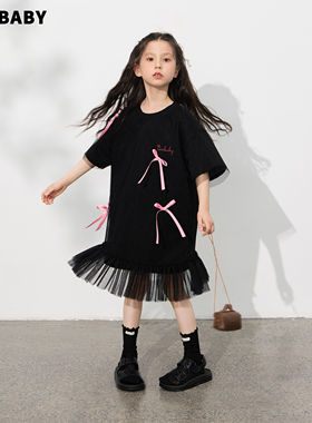 【现货】senbaby童装女童连衣裙夏季短袖裙子儿童蝴蝶结黑色纱裙
