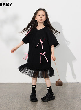 【现货】senbaby童装女童连衣裙夏季短袖裙子儿童蝴蝶结黑色纱裙