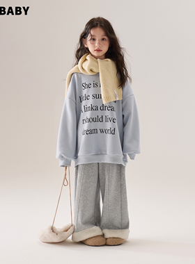 【现货】senbaby童装女童卫衣2025秋冬洋气上衣蓝色字母加绒卫衣