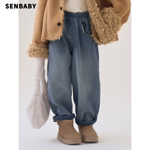 新款 2025冬季 时尚 长裤 senbaby童装 儿童加绒牛仔收脚裤 女童牛仔裤