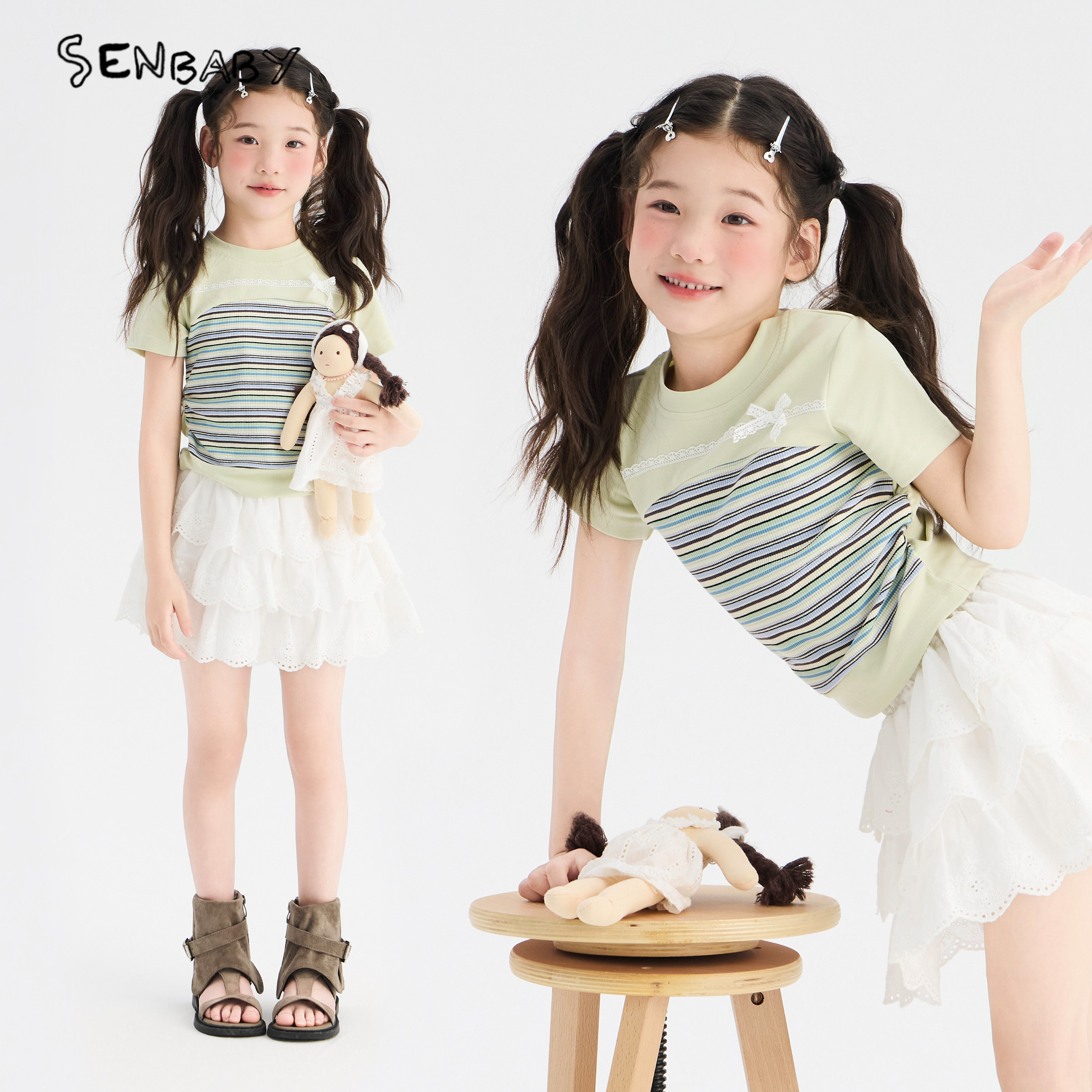 【现货】senbaby童装女童短袖裙裤两件套儿童拼接T恤蕾丝裤裙图片