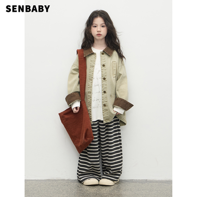 senbaby女童复古水洗牛仔外套韩版儿童洋气翻领工装中长款大衣