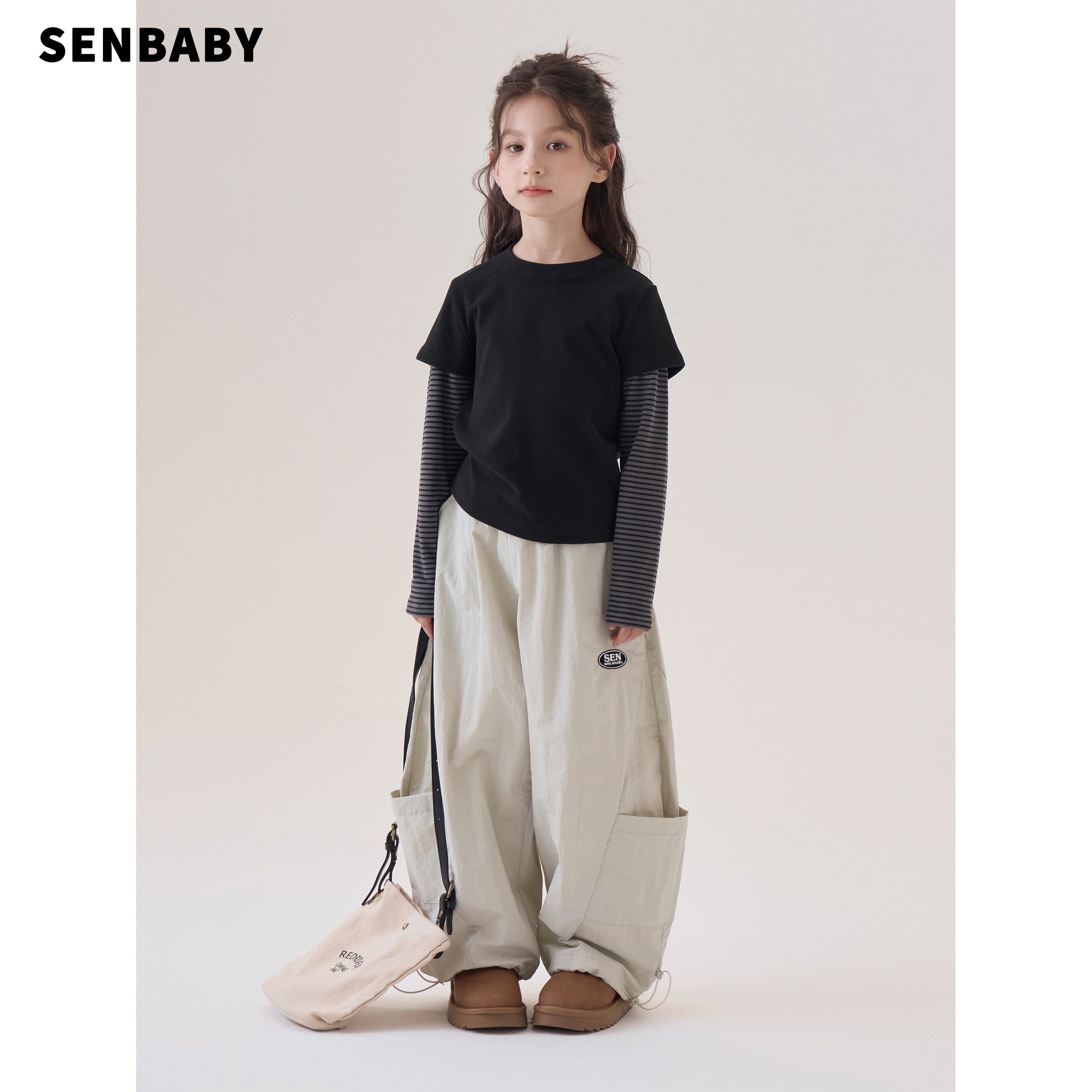 senbaby童装女童长袖t2025秋冬季韩版儿童加厚上衣假两件打底衫