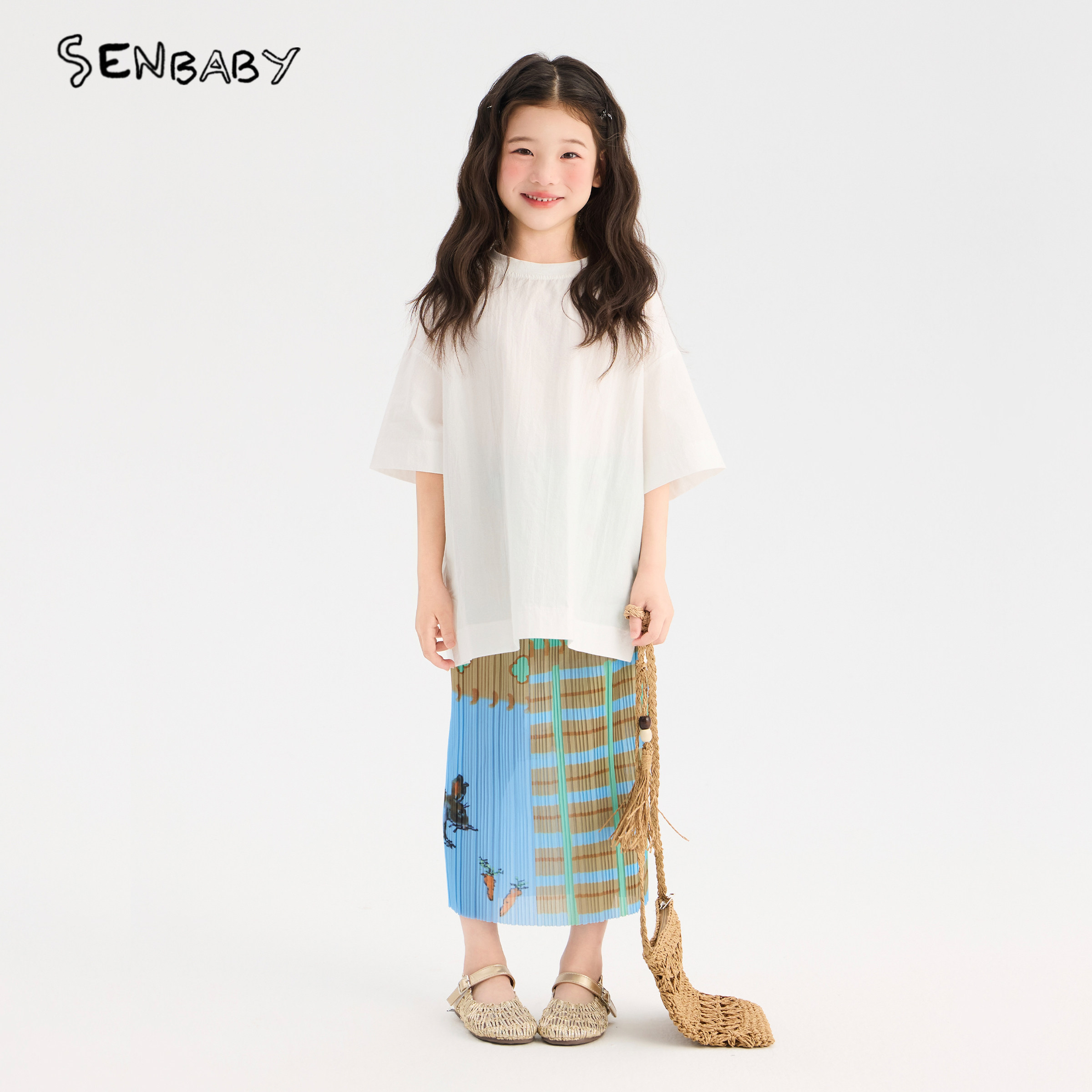 【现货】senbaby童装女童短袖半裙套装上衣压褶涂鸦半身裙两件套