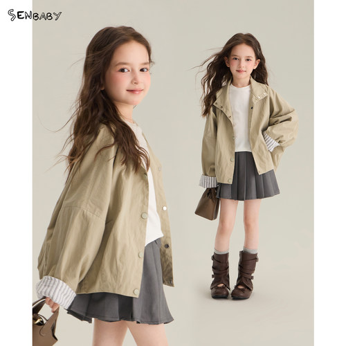【现货】senbaby童装女童秋装上衣外套小立领开衫短款夹克外套