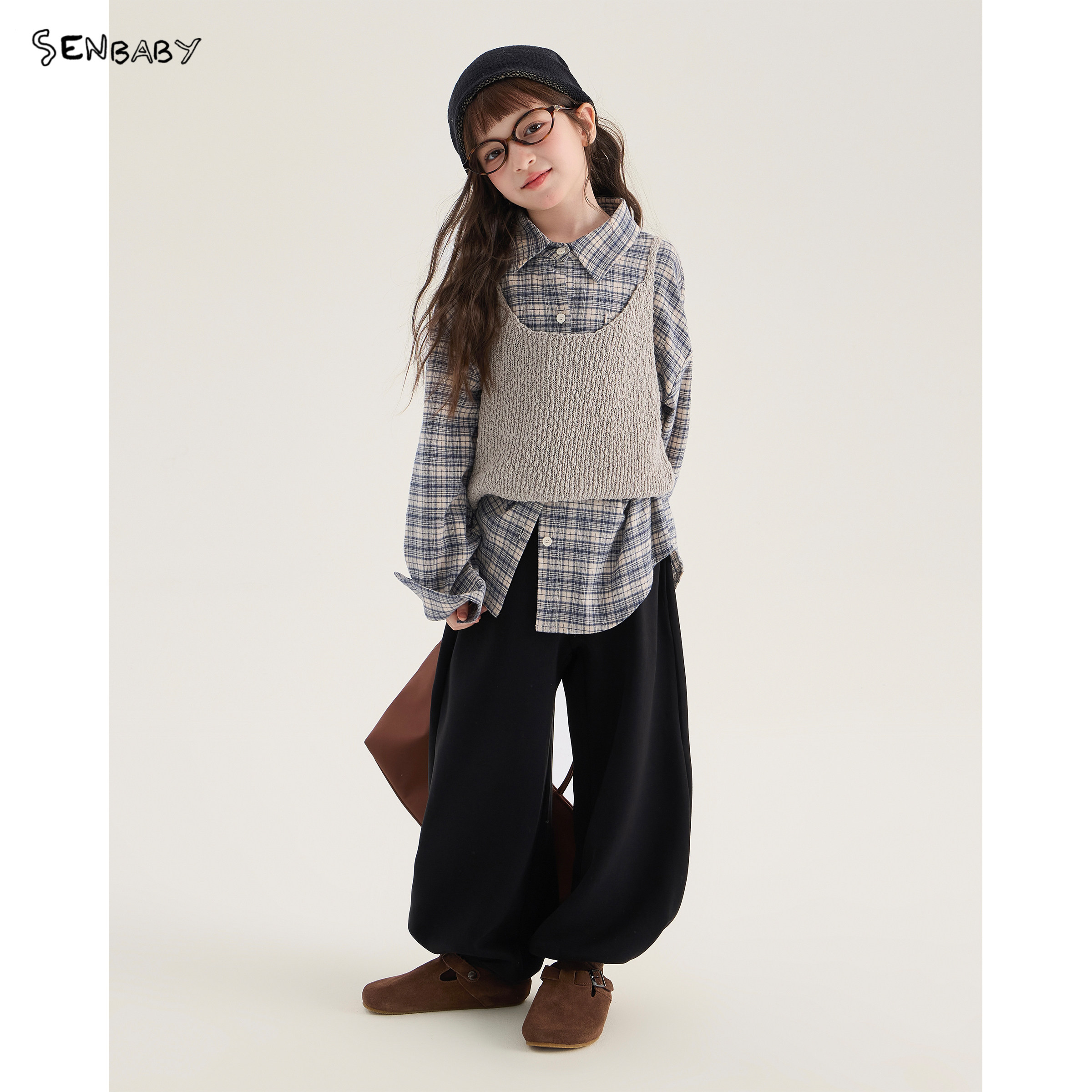 senbaby童装女童叠穿两件套秋儿童格子长袖衬衫毛衣吊带马甲套装
