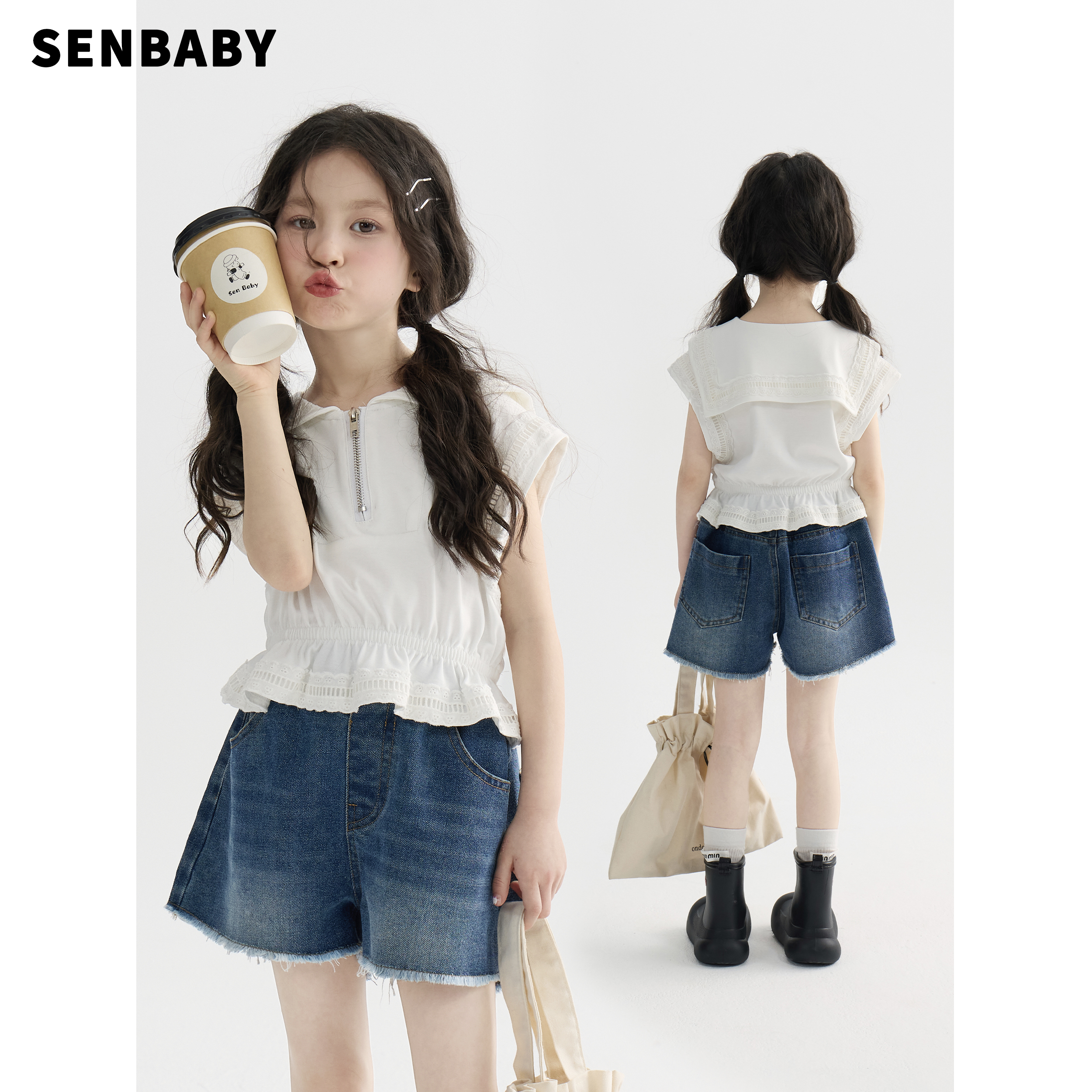 【现货】senbaby童装 女童设计感翻领上衣2025夏新款儿童无袖衬衣