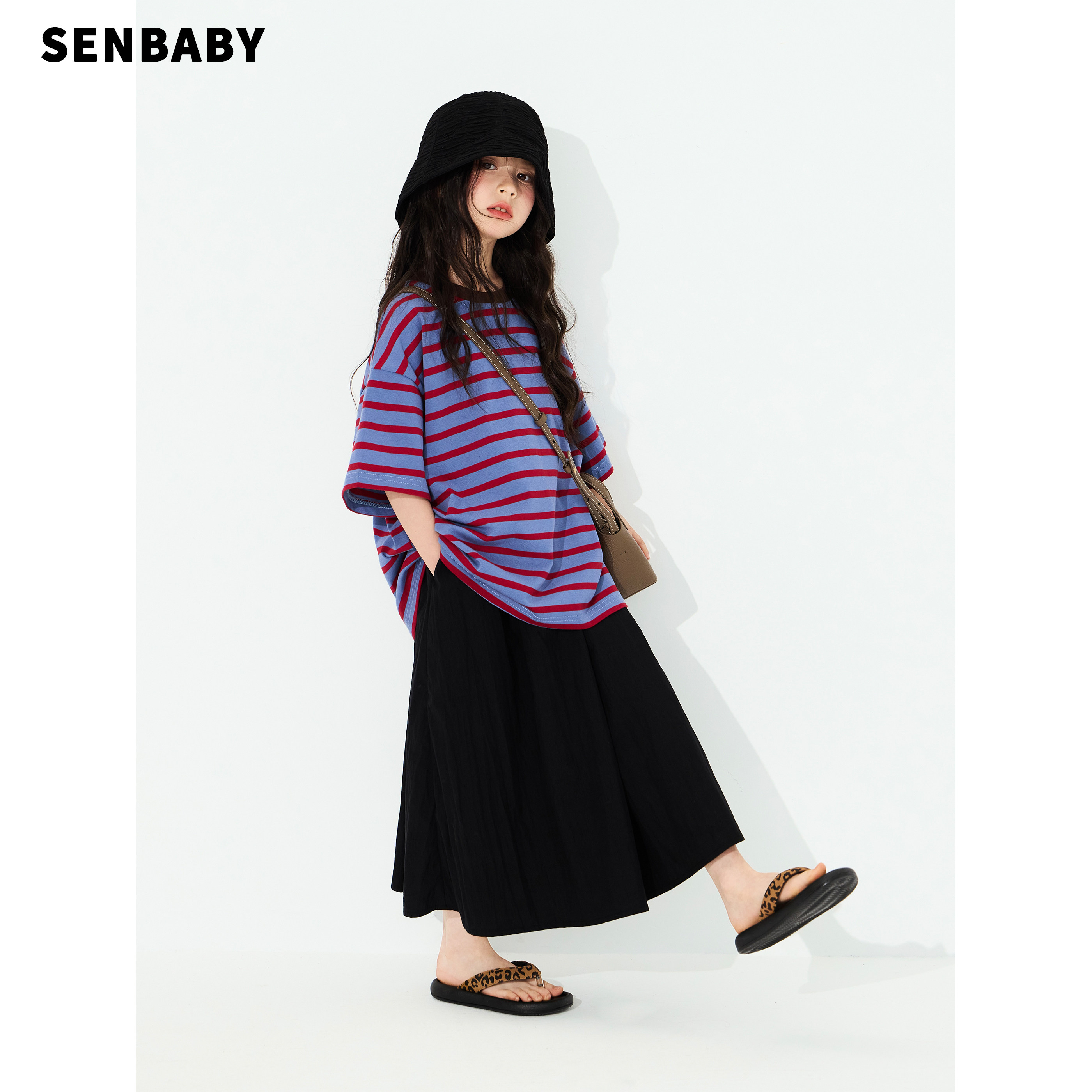 senbaby童装女童短袖套装夏季儿童条纹宽松大T恤黑色半身裙两件套