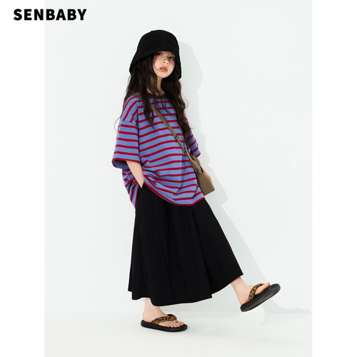 senbaby童装女童短袖套装夏季儿童条纹宽松大T恤黑色半身裙两件套