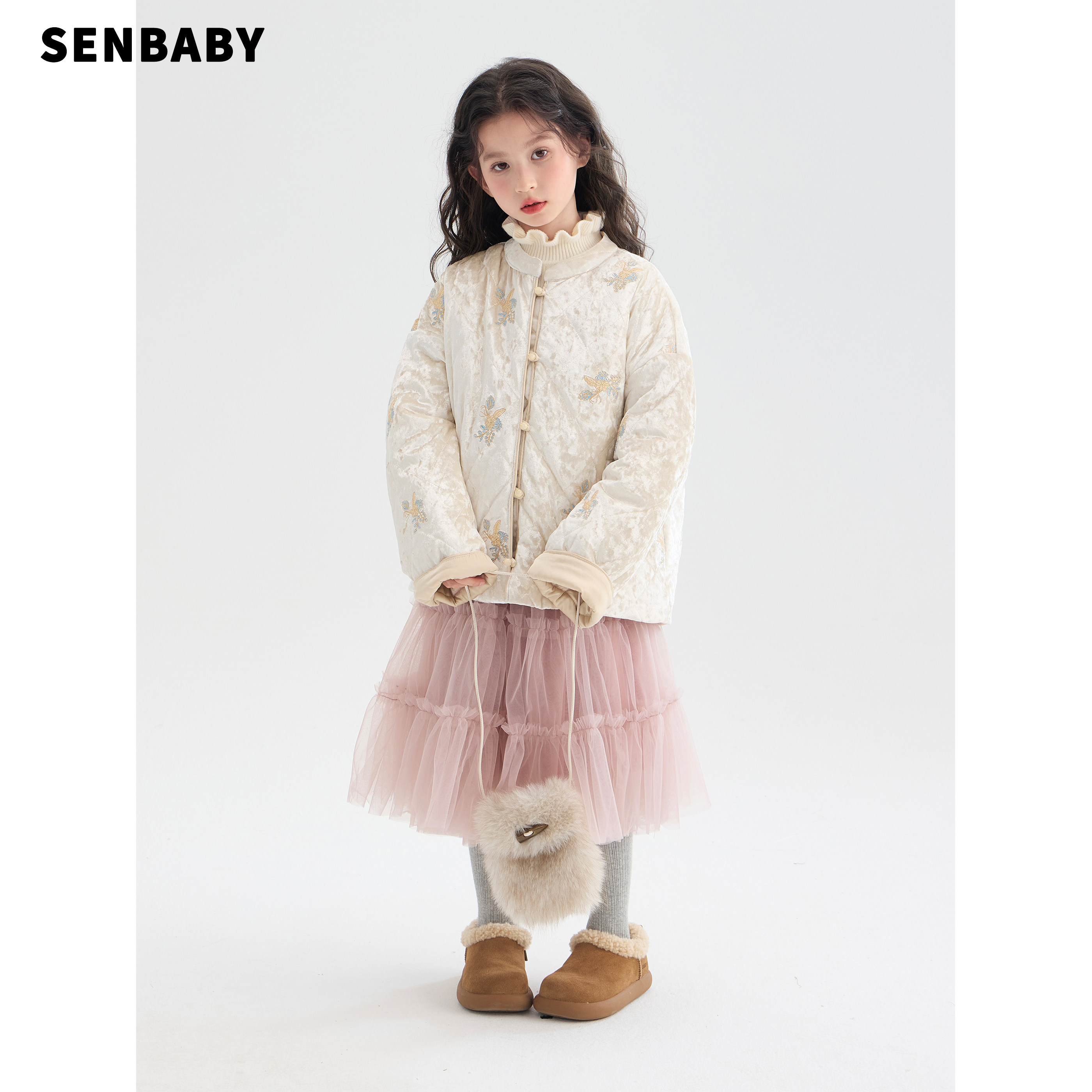 senbaby童装女童新年装高品质丝绒刺绣年服夹棉外套+加绒粉色纱裙,童装/婴儿装/亲子装,套装,淘宝优惠券,粉丝福利购,淘宝优惠卷