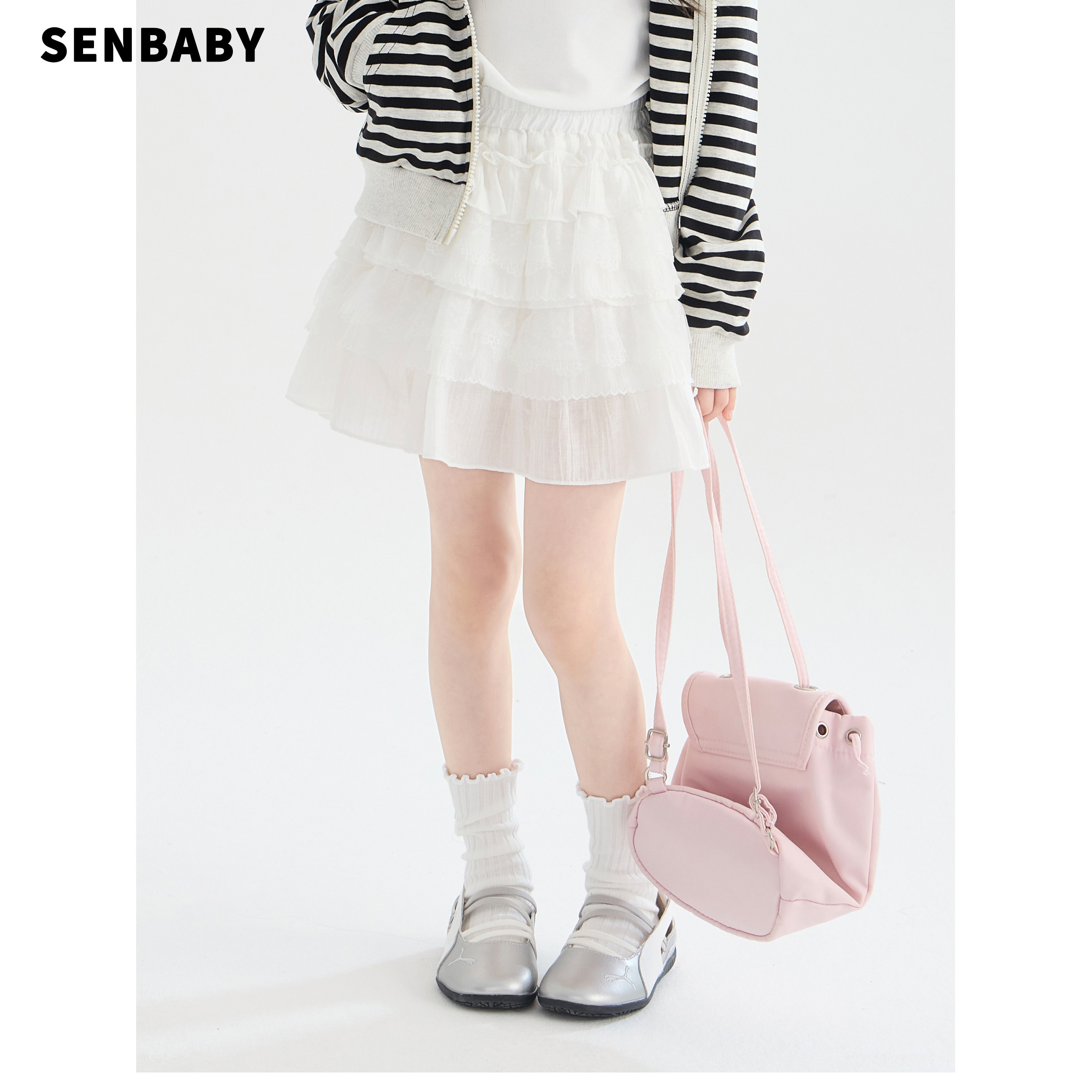 senbaby童装女童裙子短款2026春新款儿童百搭洋气甜美白色蛋糕裙