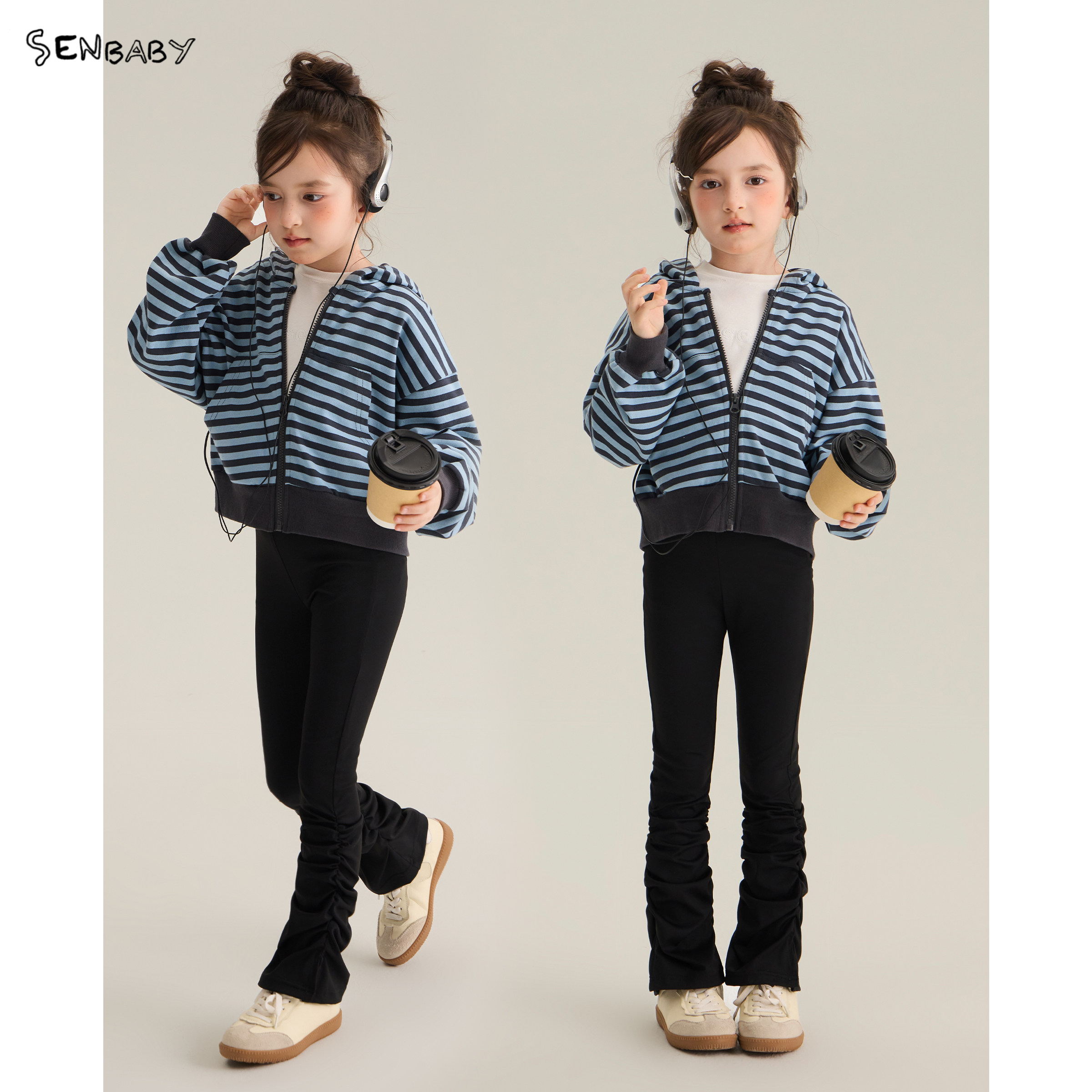 senbaby童装女童连帽外套韩版时尚休闲拉链卫衣儿童短版条纹外套