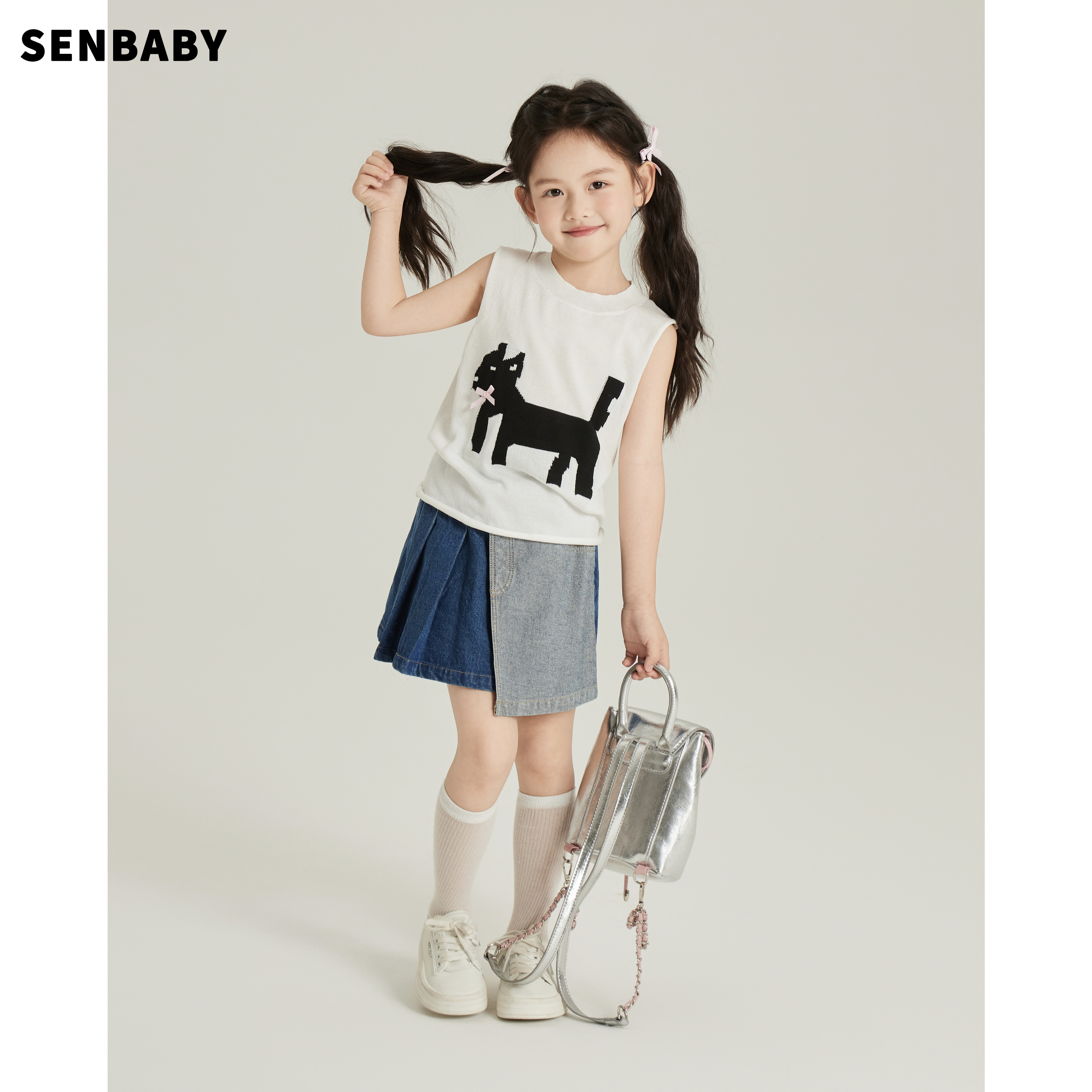 senbaby童装儿童夏装无袖针织衫女童冰爽丝猫咪提花无袖针织上衣