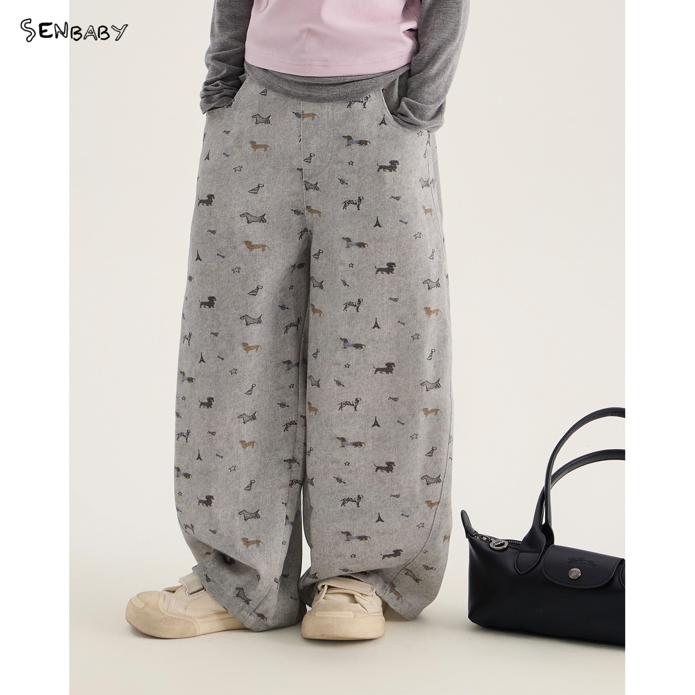 senbaby女童个性休闲裤秋季新款儿童宽松卡通动物满印长裤弯刀裤图片