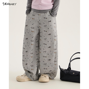 【现货】senbaby女童个性休闲裤秋季宽松卡通动物满印长裤弯刀裤