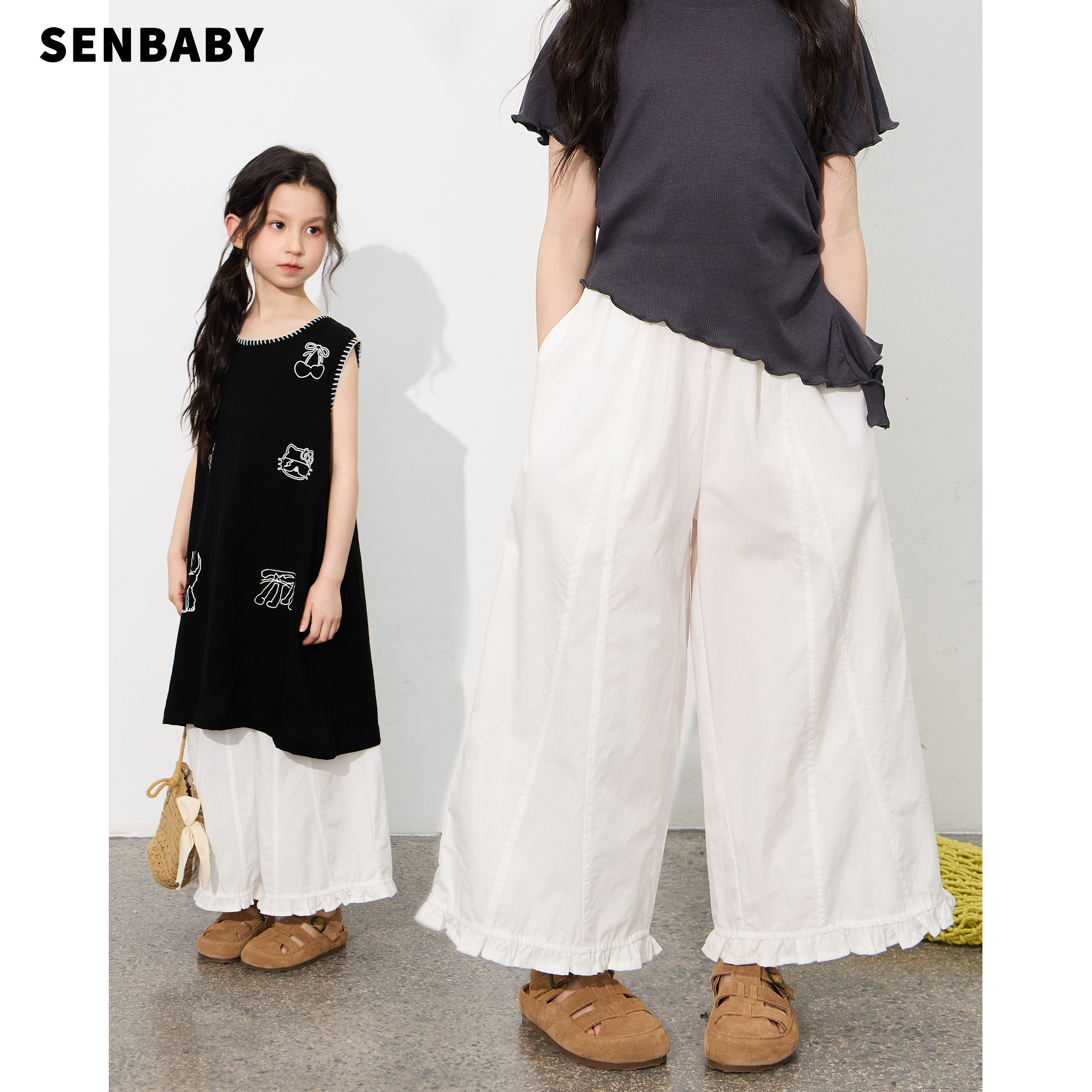 senbaby童装女童阔腿长裤2026夏季韩版儿童时尚休闲裤白色花边裤