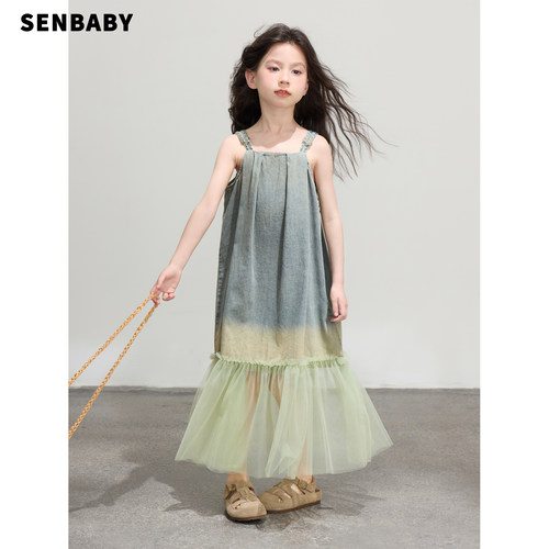 【现货】senbaby童装女童牛仔连衣裙夏季裙子轻薄牛仔吊带连衣裙