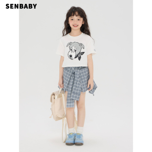 现货 卡通印花短袖 Senbaby夏季 防走光 T恤 格子不规则半身裙