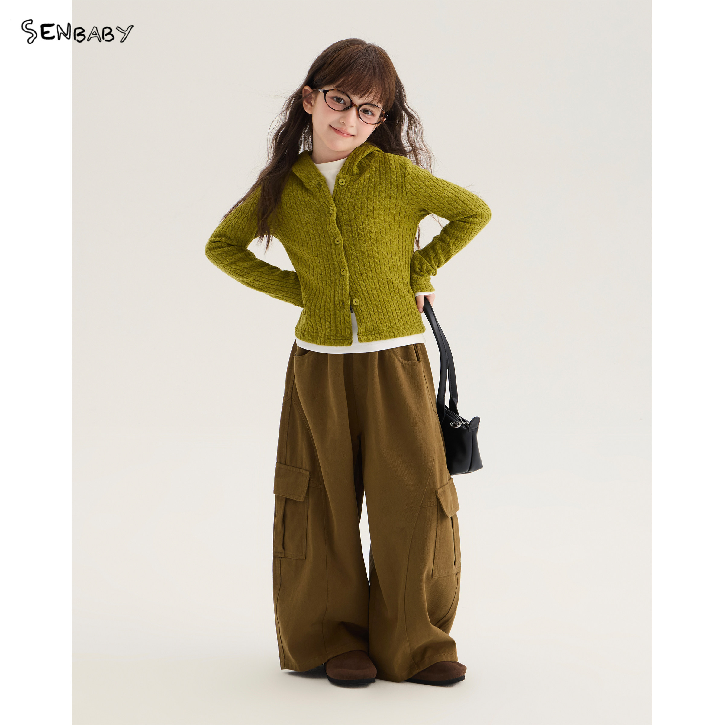 senbaby童装女童针织开衫2026秋冬韩版儿童针织衫上衣修身连帽衫图片