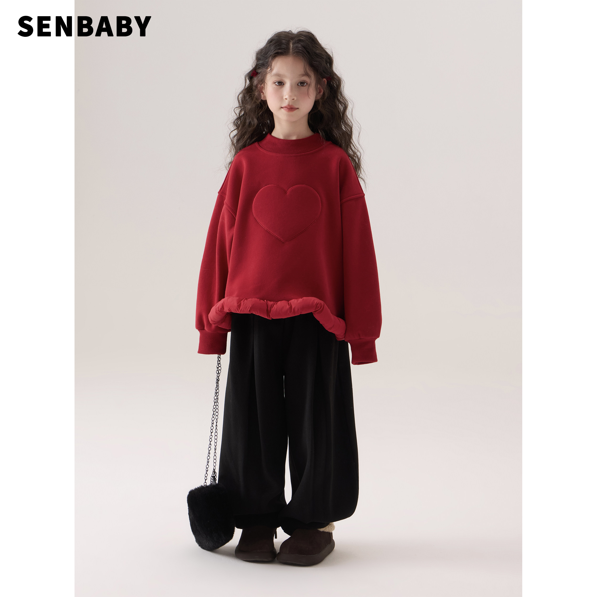 senbaby童装女童套头加绒卫衣冬季洋气个性爱心设计红色新年装