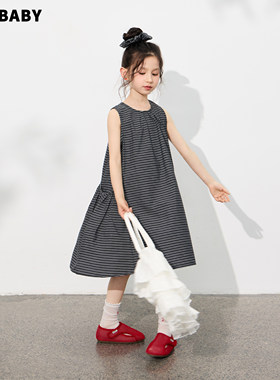 【现货】senbaby童装女童连衣裙夏季儿童休闲中长裙子条纹无袖裙