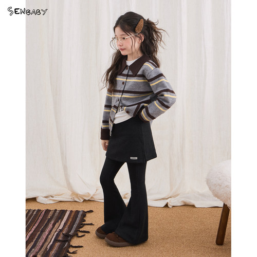 senbaby童装女童针织开衫2026秋季儿童长袖休闲条纹毛织翻领开衫