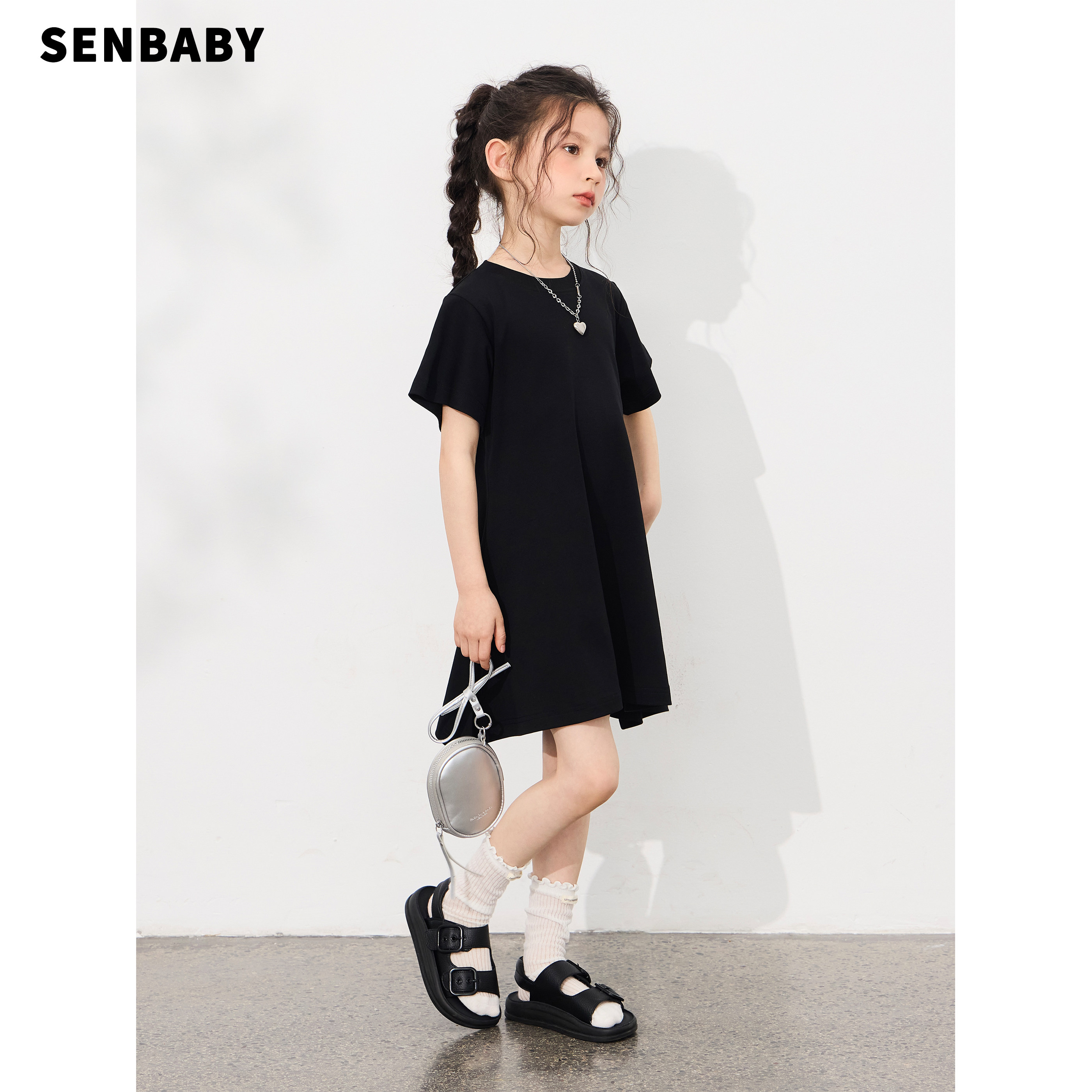【现货】senbaby童装女童连衣裙2026夏季新款儿童简约感小黑裙