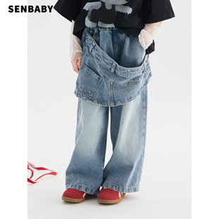 senbaby童装女童牛仔裤2026新款韩版设计感儿童牛仔个性裙围裤子