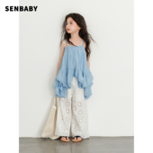 现货 提花防蚊裤 senbaby童装 新款 两件套 女童蓝色吊带上衣夏季