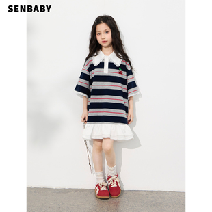 【现货】senbaby童装女童连衣裙学院风蕾丝翻领樱桃条纹花边裙