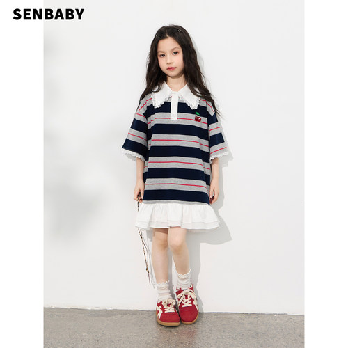 senbaby童装女童连衣裙学院风蕾丝翻领儿童设计感樱桃条纹花边裙