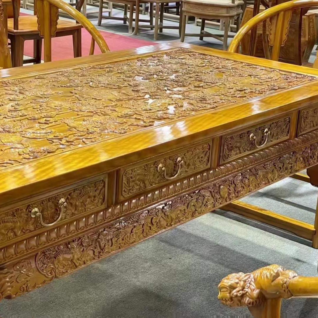 金丝楠木茶桌满雕麒麟干泡茶桌客厅茶室霸气茶桌组合古典豪华茶桌