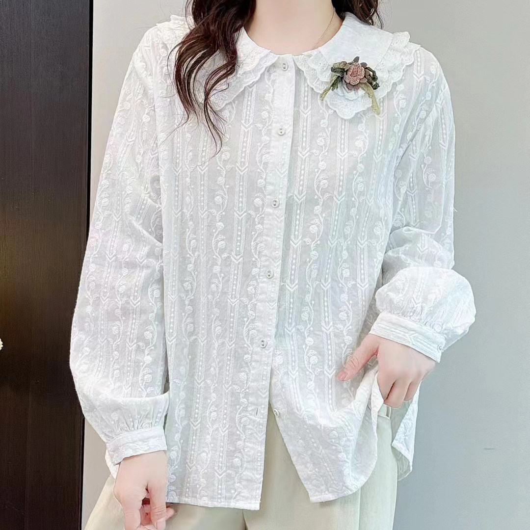 蕾丝刺绣娃娃领衬衫女长袖立体花百搭宽松春秋纯棉甜美新品衬衣潮