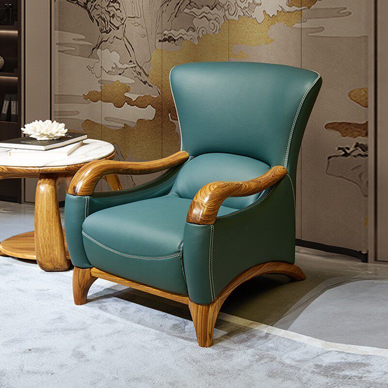 乌金木新中式休闲椅实木头层皮沙发椅设计师单人沙发高靠背老虎椅