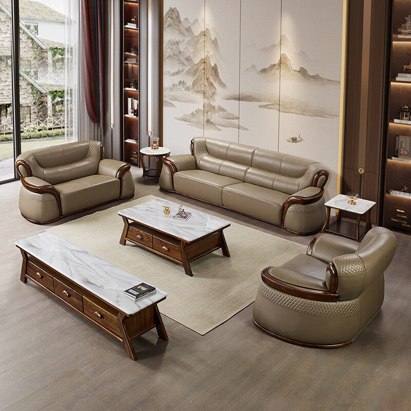 新中式胡桃木色乌金木真皮沙发客厅高端别墅实木头层牛皮佛山沙发
