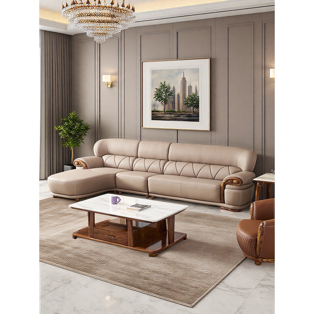 新中式乌金木沙发真皮实木转角L形贵妃组合搭配现代风格中小户型