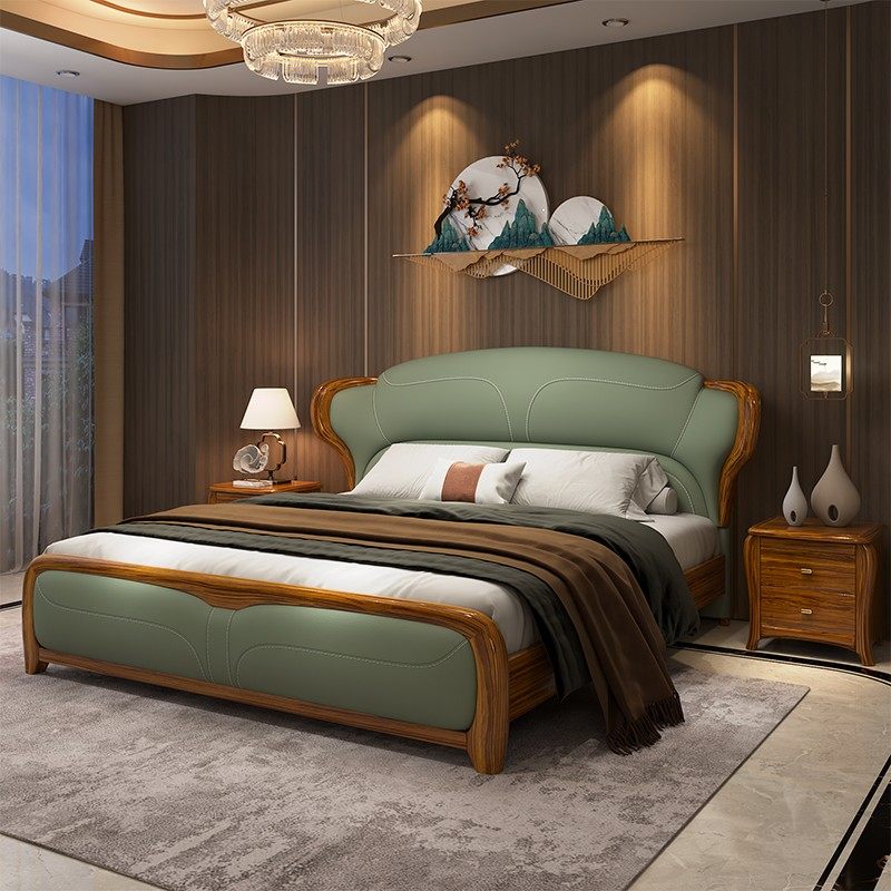 新中式乌金木双人床卧室实木1.5米/1.8米高档奢华真皮床头层牛皮