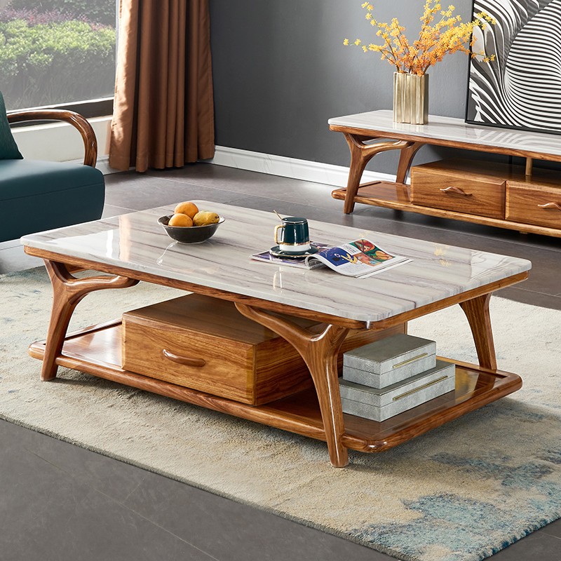 现代简约乌金木大理石茶几新中式高端客厅家用实木茶几电视柜组合