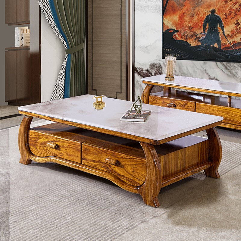 现代乌金木大理石茶几新中式高端别墅客厅家用实木茶几电视柜组合