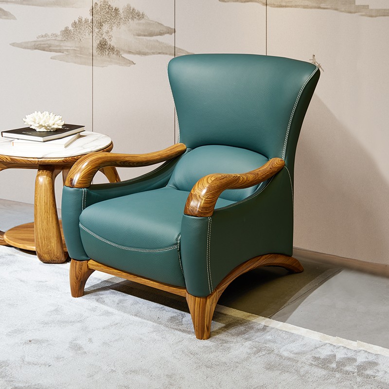 新中式乌金木真皮单人沙发椅客厅阳台卧室头层牛皮现代轻奢老虎椅