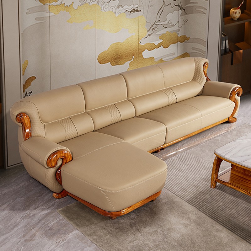 欧式乌金木真皮沙发新中式高端豪华客厅简约家用实木家具米黄组合