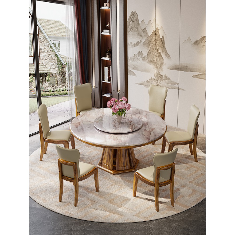 乌金木餐桌椅组合新中式大理石圆餐桌家用全实木现代简约吃饭桌子