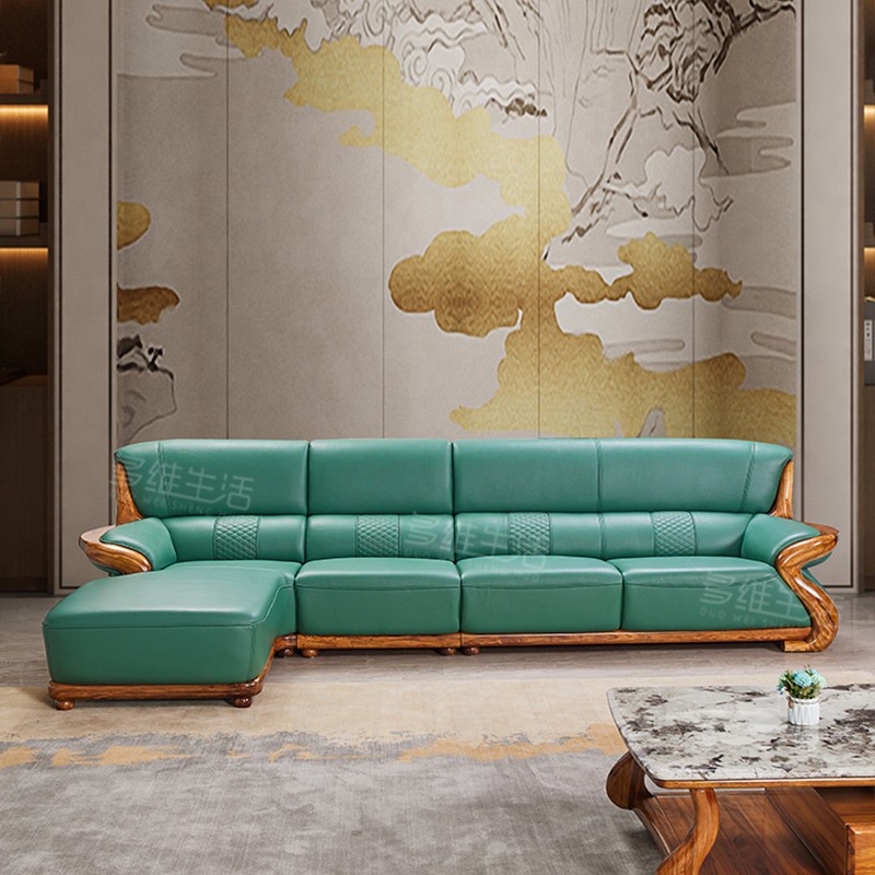 新中式乌金木真皮沙发转角贵妃组合现代简约实木豪华别墅皮艺客厅