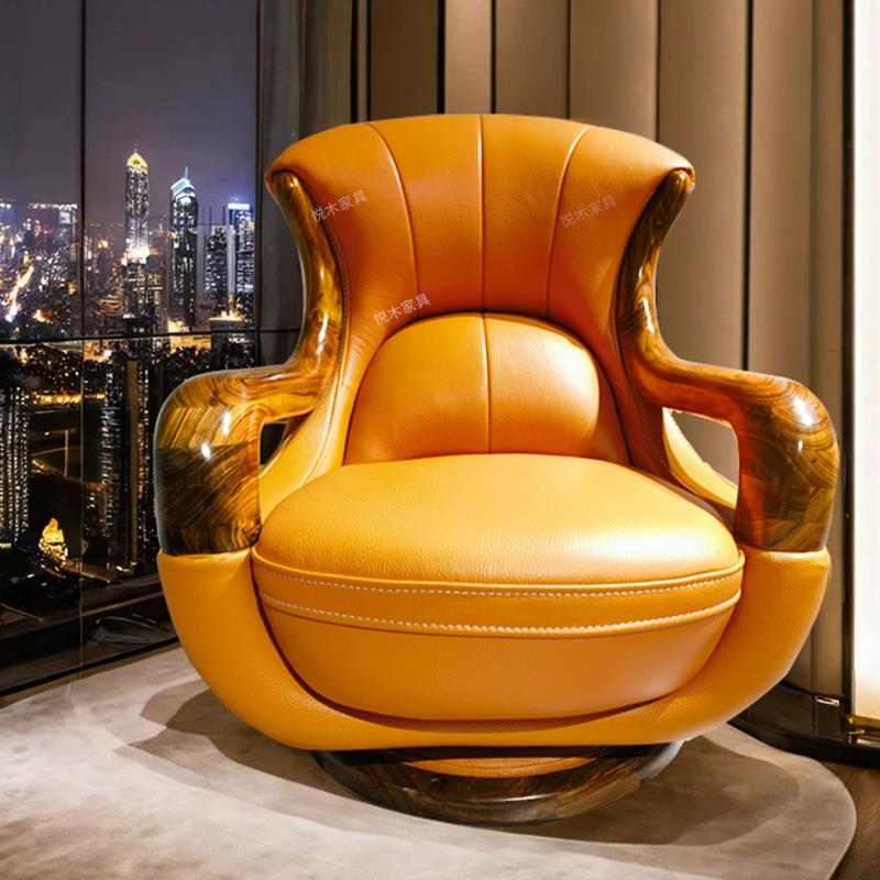 乌金木真皮旋转沙发椅懒人休闲椅实木奢华高靠背阳台单人沙发椅