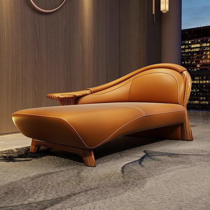 现代新中式乌金木贵妃椅客厅休闲 椅实木真皮单人沙发椅高端家俱